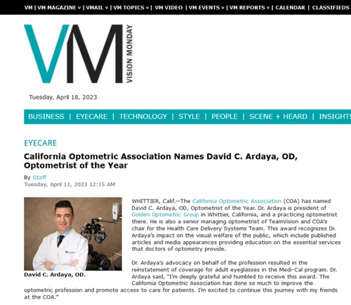 Dr David Ardaya, awarded optometrist of the year